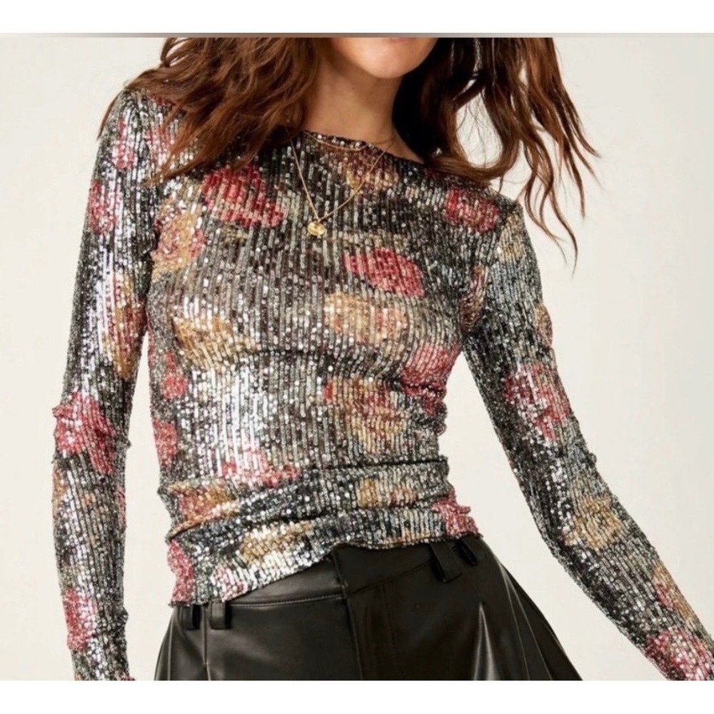 Intimately Free People L Gold Rush Midnight Floral Sequin Long Sleeve Top Large